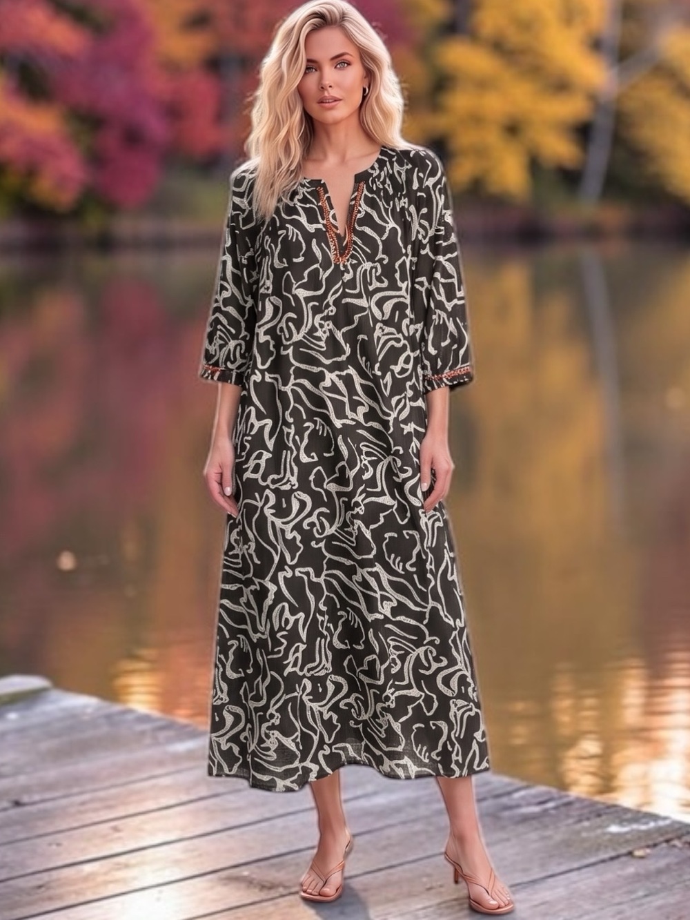 WORLD MARKET Leila Black & White Abstract Kaftan Maxi Dress Embroidered L/XL